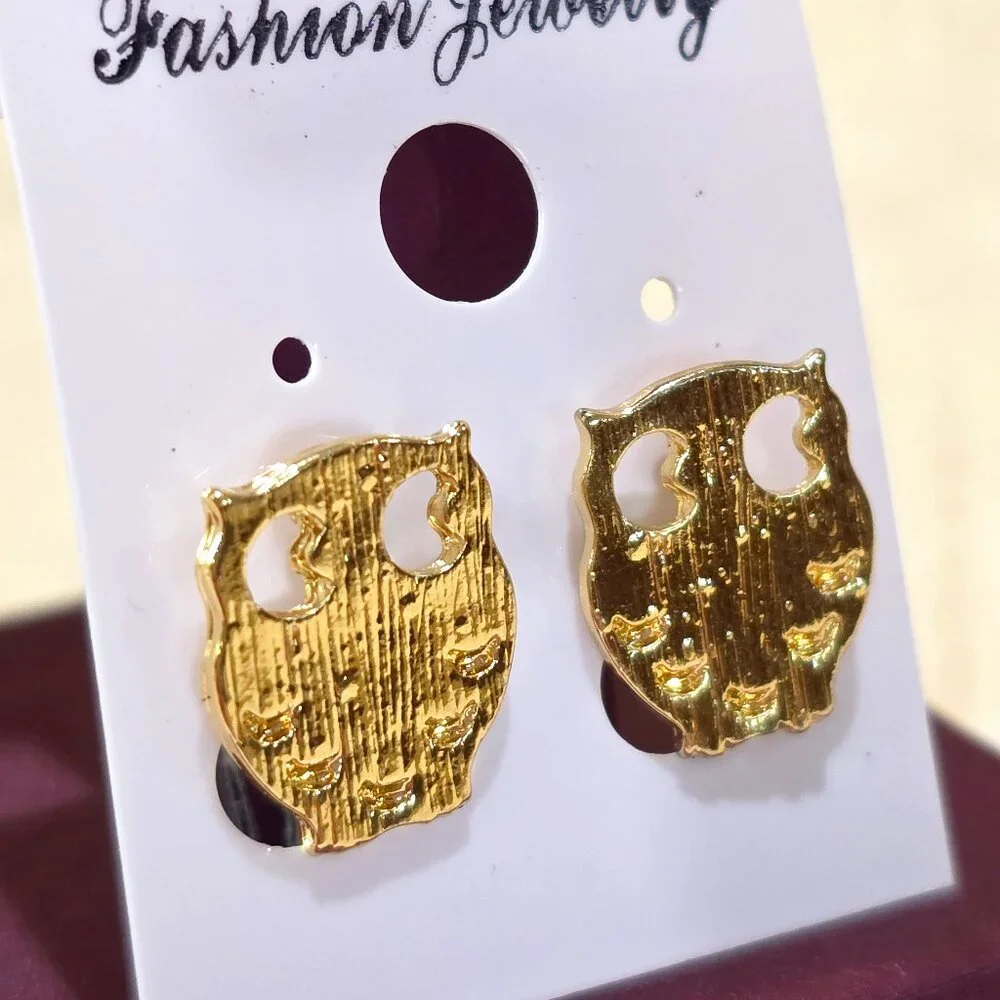 NOC Small Gold Finish OWL Textured Stud Pierced Earrings